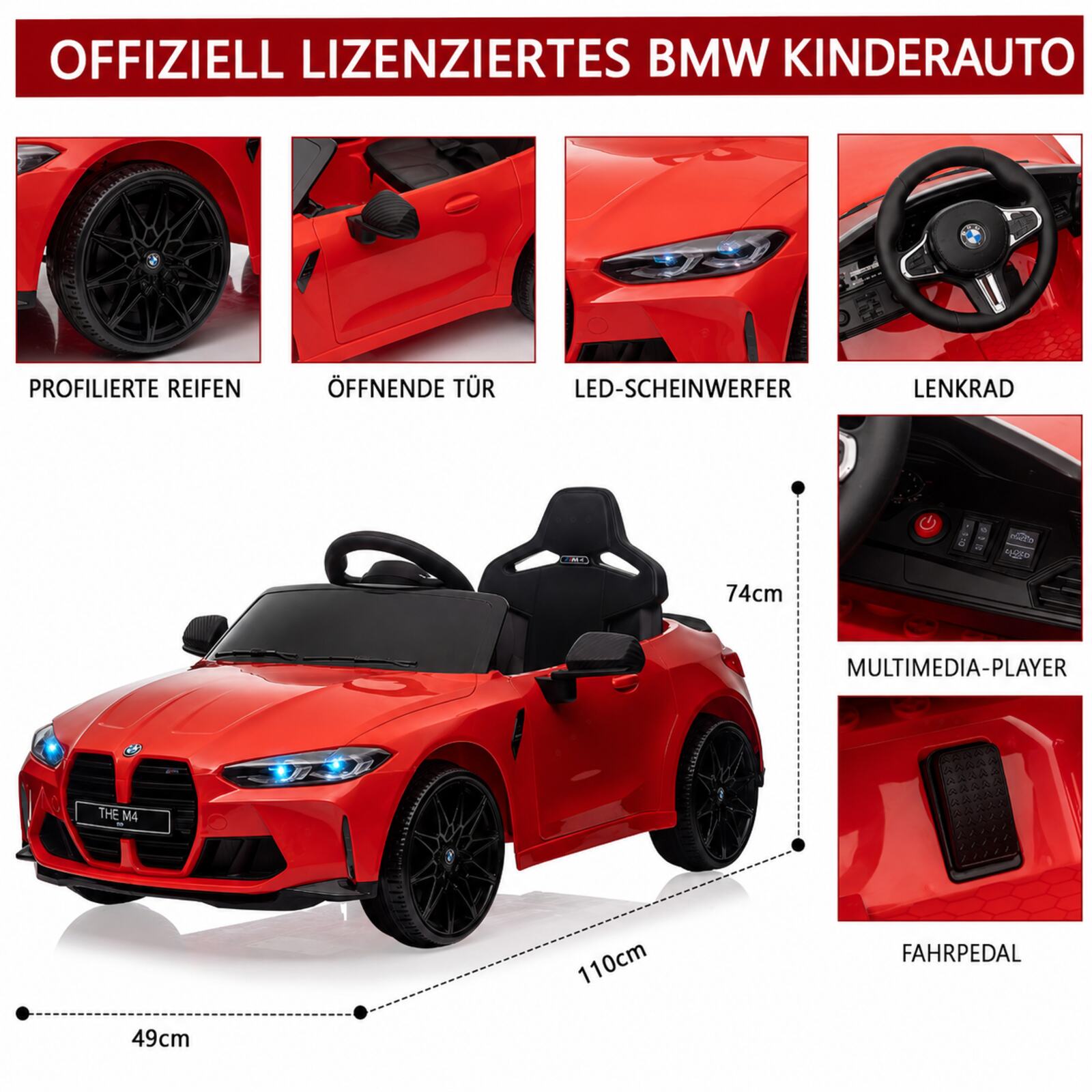 Garvee BMW M4 Kinder-Elektroauto 12 V, lizenziert, mit Elternfernbedienung, Sicherheitsgurt, LED und Musik, Rot
