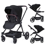 Garvee 3-in-1 Kinderwagen-Set mit Babywanne & Sportsitz, faltbarer Buggy mit umkehrbarem Sitz, 5-Punkt-Gurt, Regenschutz & großem Verdeck - Schwarz