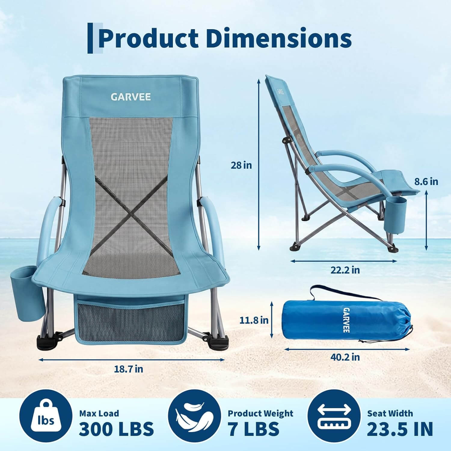 Garvee 2er-Set Strandstühle faltbar, verstellbare Campingstühle mit hoher Rückenlehne, Rucksackgurten, Getränkehalter und 150 kg Tragkraft, für Strand, Camping