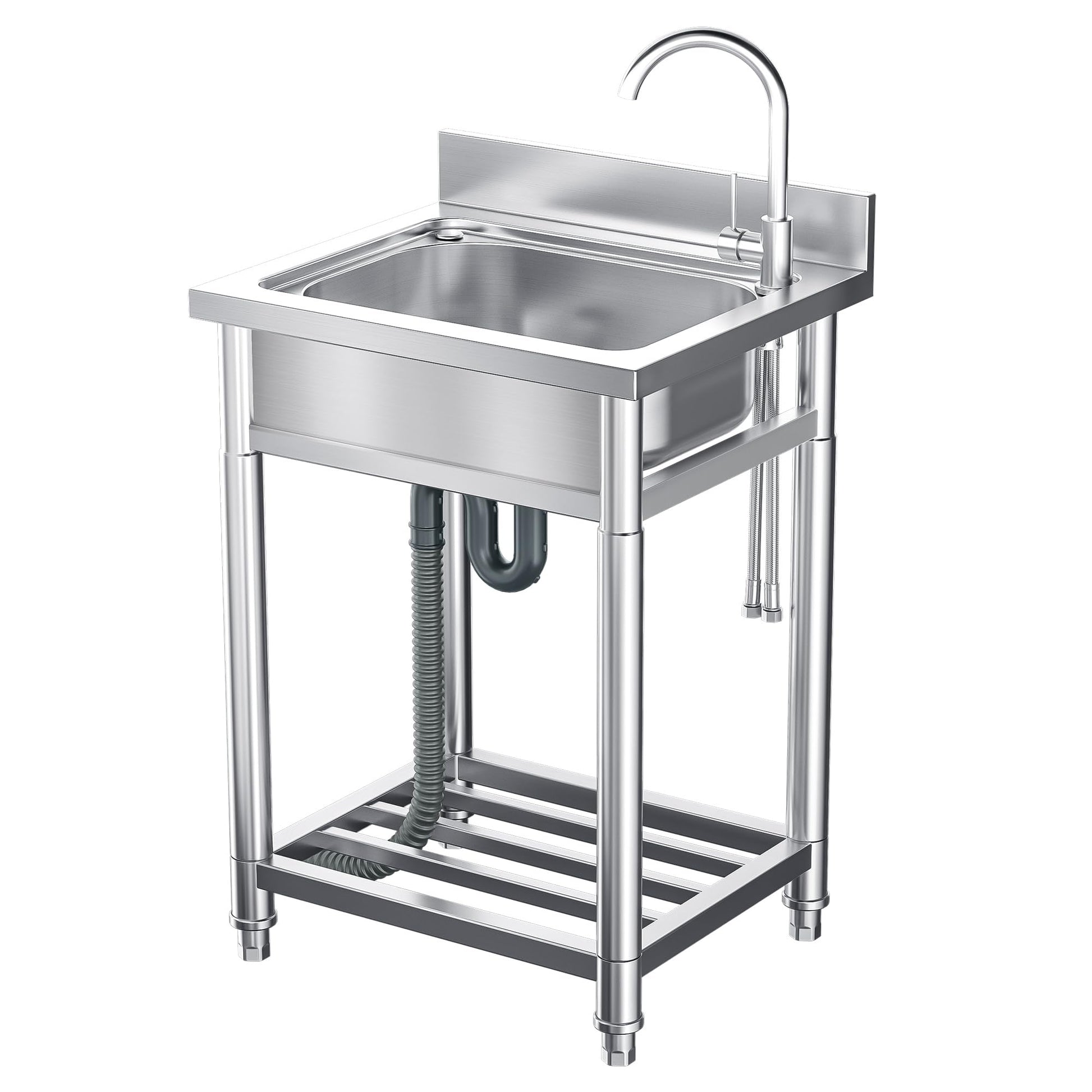 GARVEE Gewerblicher Edelstahlspülbecken 24" Freistehend Mit Heiß-Kalt Wasserhahn, Einzelbecken, Ablage, H-Förmige Beine, Verstellbare Füße Für Küche, Restaurant, Garage