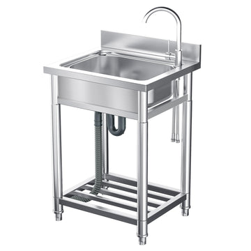 GARVEE Gewerblicher Edelstahlspülbecken 24" Freistehend Mit Heiß-Kalt Wasserhahn, Einzelbecken, Ablage, H-Förmige Beine, Verstellbare Füße Für Küche, Restaurant, Garage