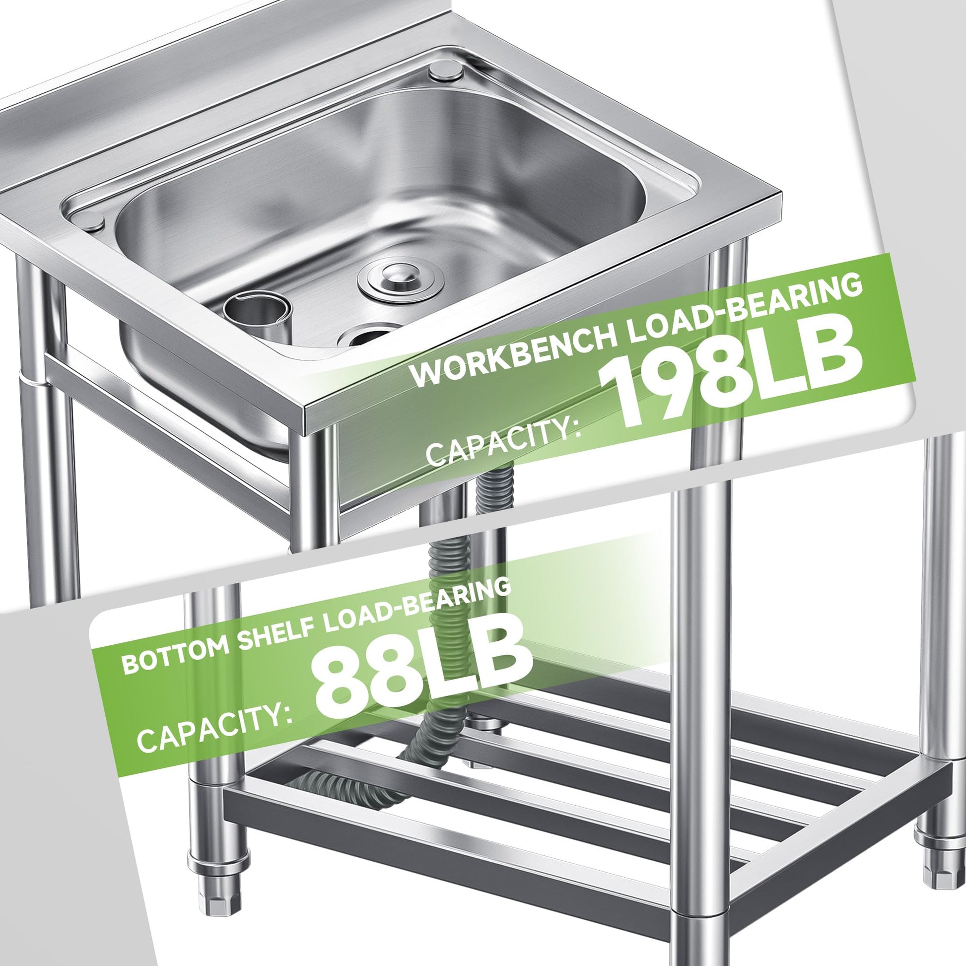 GARVEE Gewerblicher Edelstahlspülbecken 24" Freistehend Mit Heiß-Kalt Wasserhahn, Einzelbecken, Ablage, H-Förmige Beine, Verstellbare Füße Für Küche, Restaurant, Garage