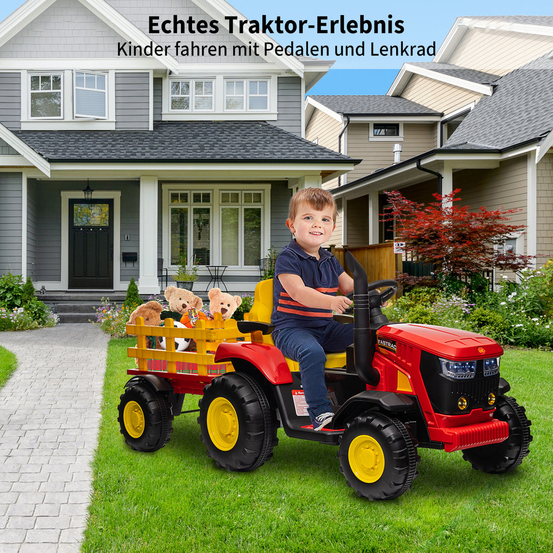 Garvee 12V-Elektro-Traktor, zwei 35W-Motoren, abnehmbarer Anhänger, 6 Gummiräder, Fernbedienung, 3 Geschwindigkeitsstufen, LED-Beleuchtung, für Kinder von 3 bis 6 Jahren, Garten, Rot