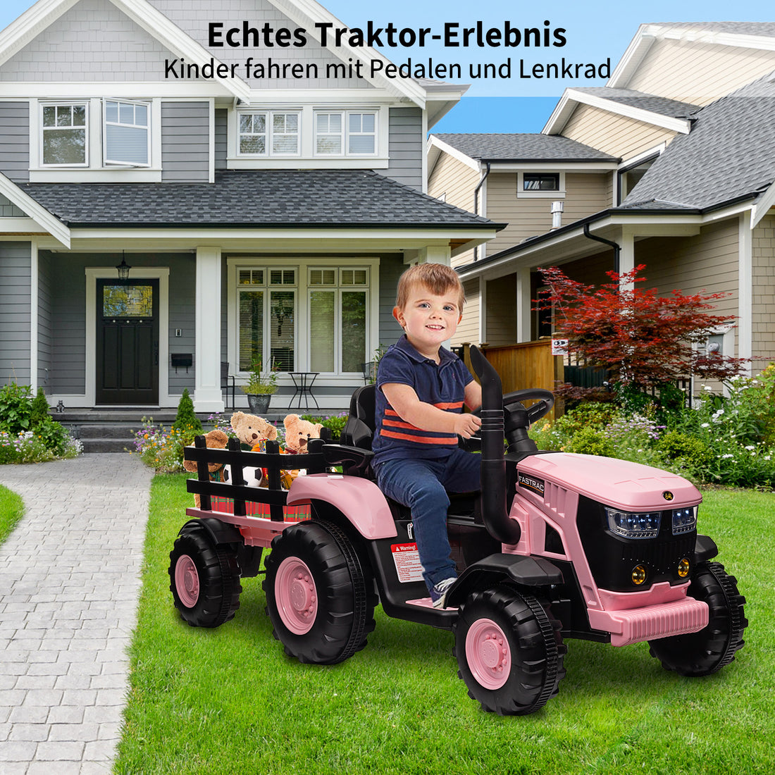 Garvee 12V-Elektro-Traktor, zwei 35W-Motoren, abnehmbarer Anhänger, 6 Gummiräder, Fernbedienung, 3 Geschwindigkeitsstufen, LED-Beleuchtung, für Kinder von 3 bis 6 Jahren, Garten, Rosa