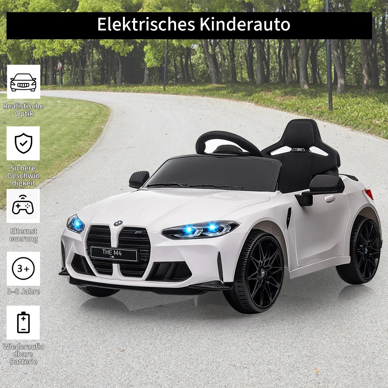 Garvee 12V BMW M4 Kinder Elektroauto – Weiß, Fernbedienung, Musik, Für 3–8 Jahre