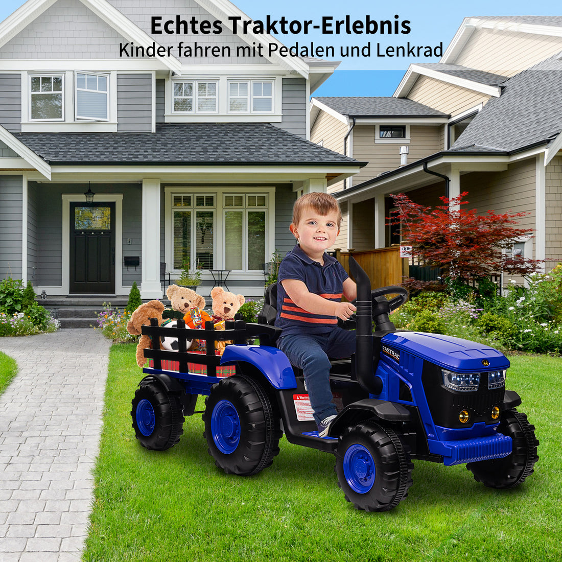 Garvee 12V-Elektro-Traktor, zwei 35W-Motoren, abnehmbarer Anhänger, 6 Gummiräder, Fernbedienung, 3 Geschwindigkeitsstufen, LED-Beleuchtung, für Kinder von 3 bis 6 Jahren, Garten, Blau