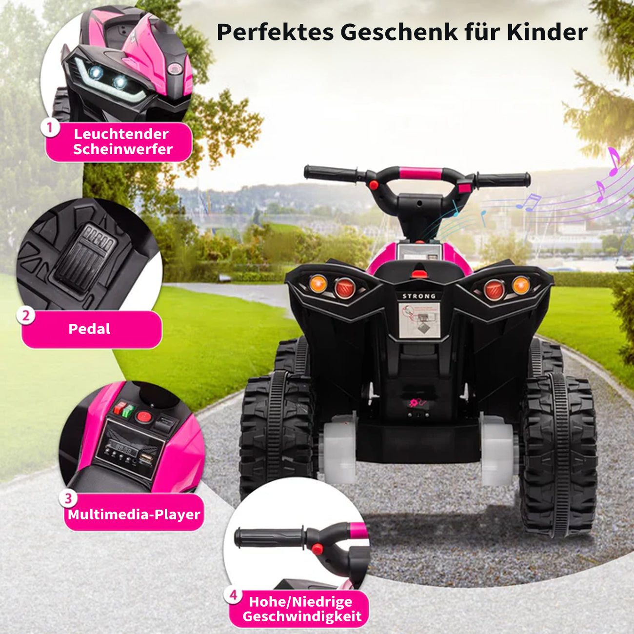 Detailansicht: LED-Scheinwerfer, Fahrpedal, Multimediabedienfeld und ergonomischer Lenker