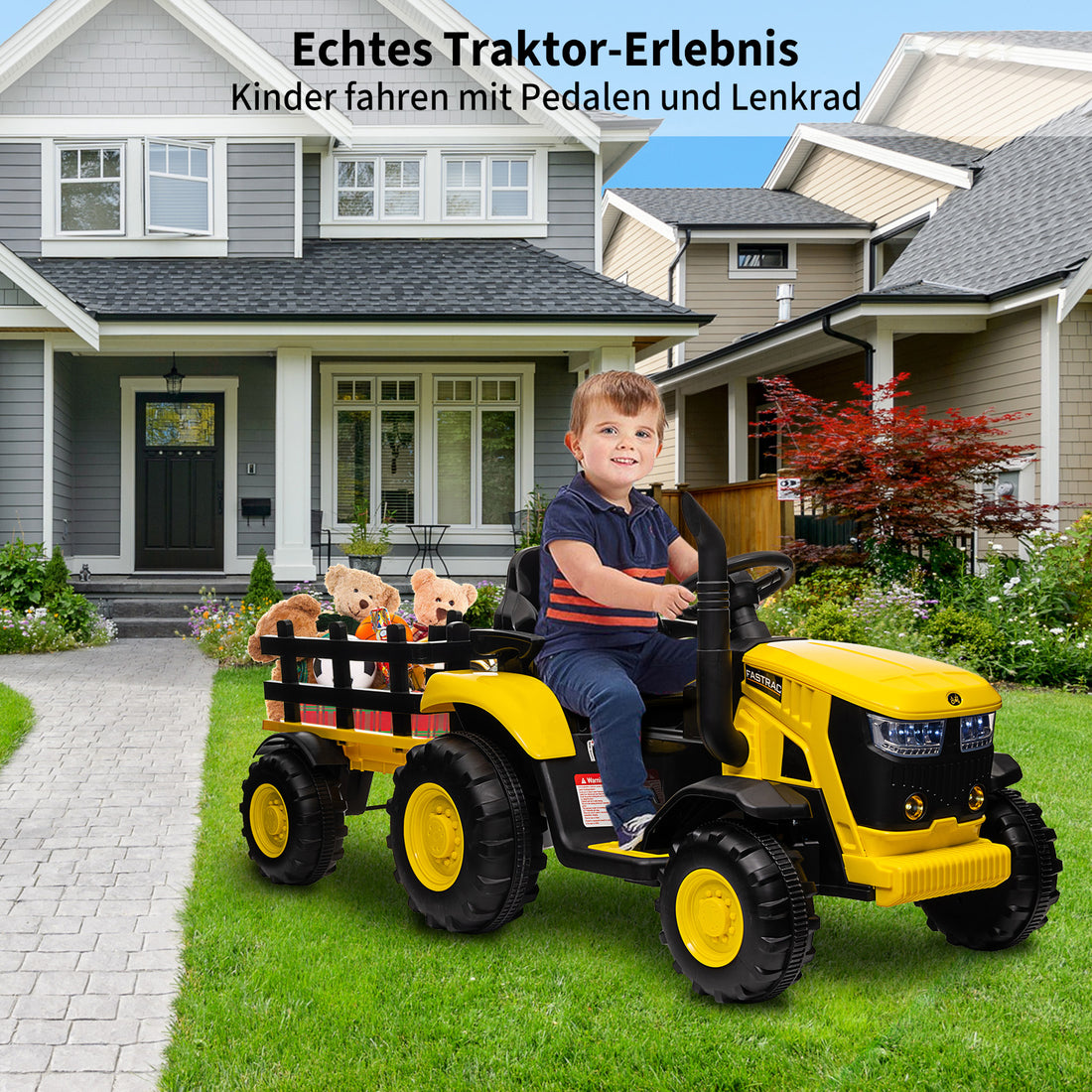 Garvee 12V-Elektro-Traktor, zwei 35W-Motoren, abnehmbarer Anhänger, 6 Gummiräder, Fernbedienung, 3 Geschwindigkeitsstufen, LED-Beleuchtung, für Kinder von 3 bis 6 Jahren, Garten, Gelb