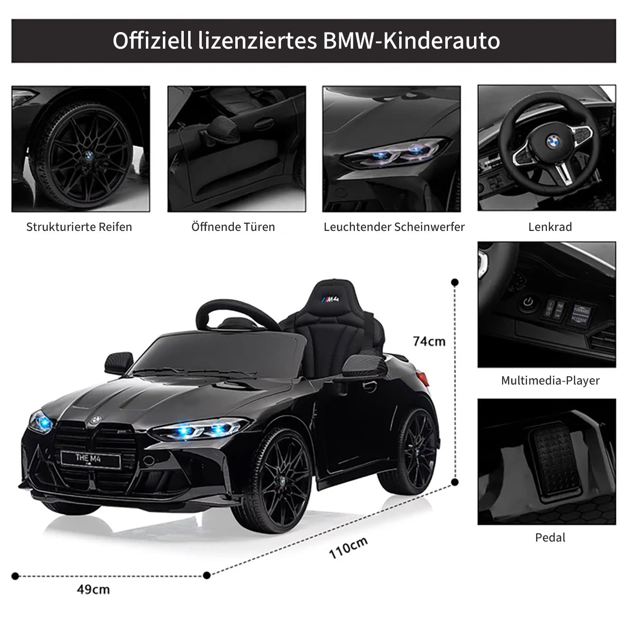 Garvee 12V BMW M4 Kinder Elektroauto – Schwarz, Fernbedienung, Musik, Für 3–8 Jahre