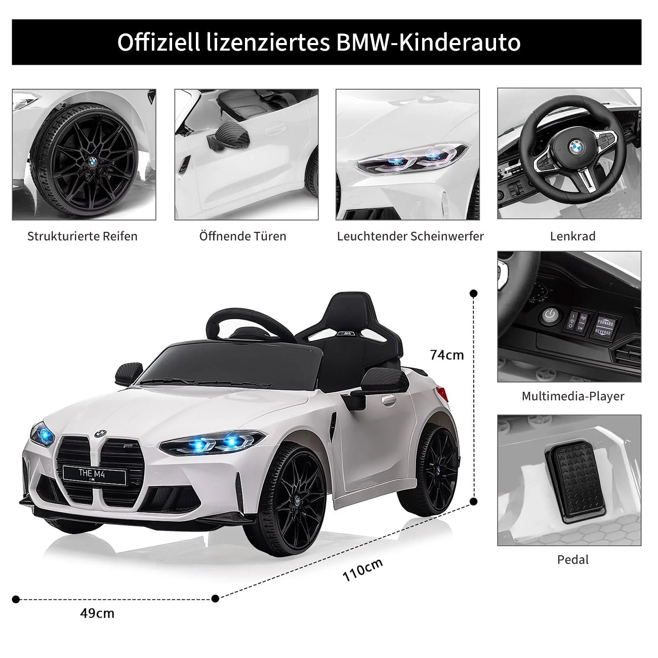 Garvee 12V BMW M4 Kinder Elektroauto – Weiß, Fernbedienung, Musik, Für 3–8 Jahre