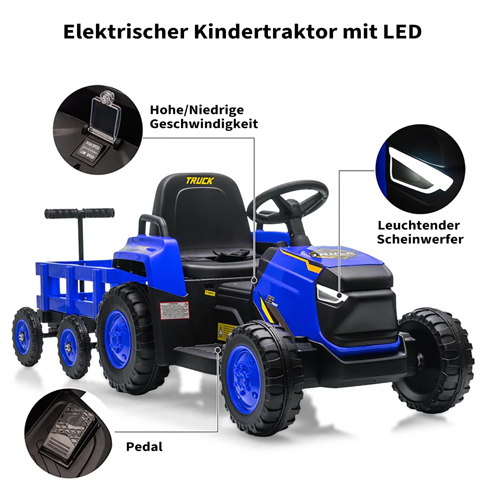 Garvee 12V Kindertraktor mit Doppelmotor in Blau - Kinder Elektrofahrzeug für kleine Bauern ab 3-8 Jahren