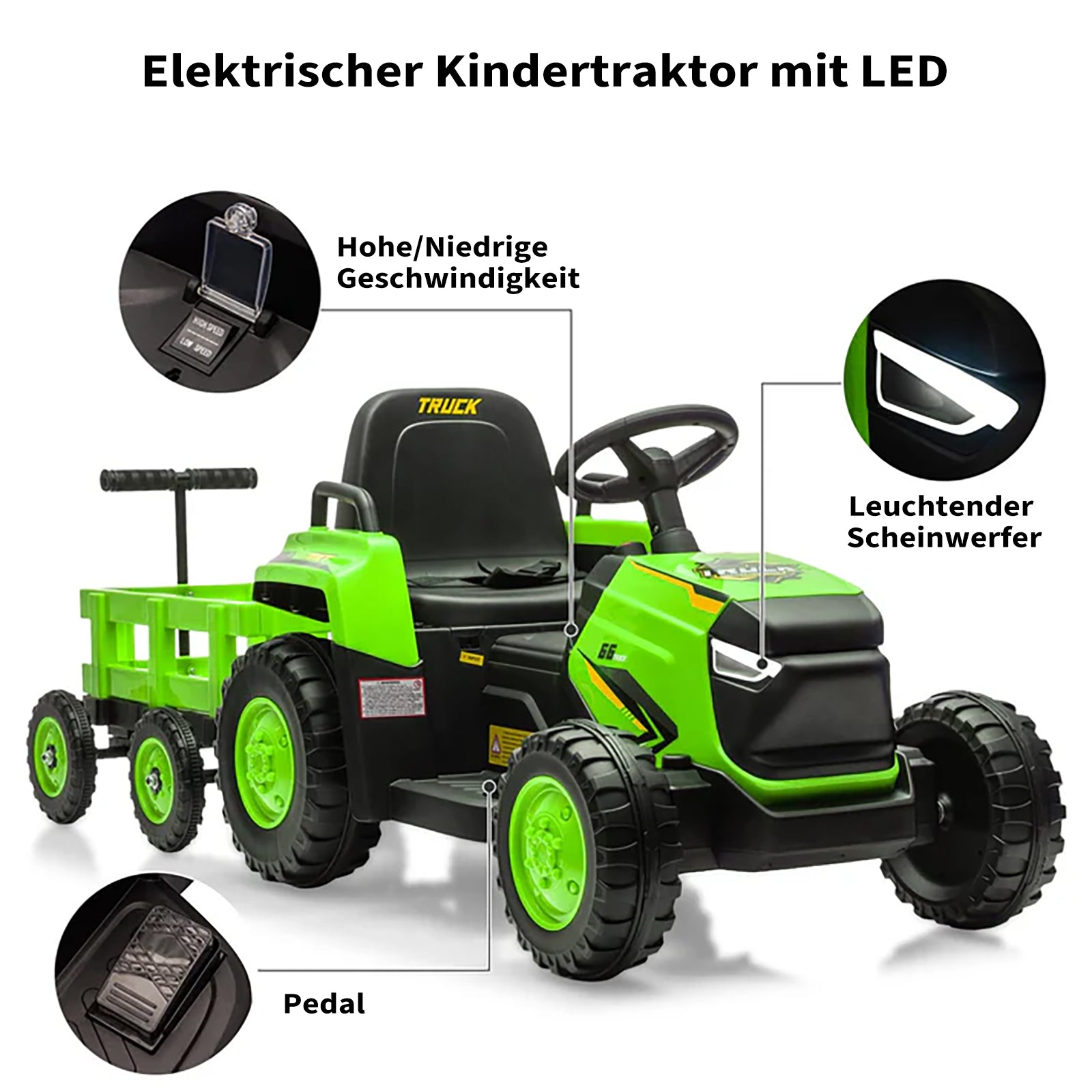 Garvee 12V Kindertraktor mit Doppelmotor in Grün - Robuster Elektrotraktor für Kinder ab 3-8 Jahren
