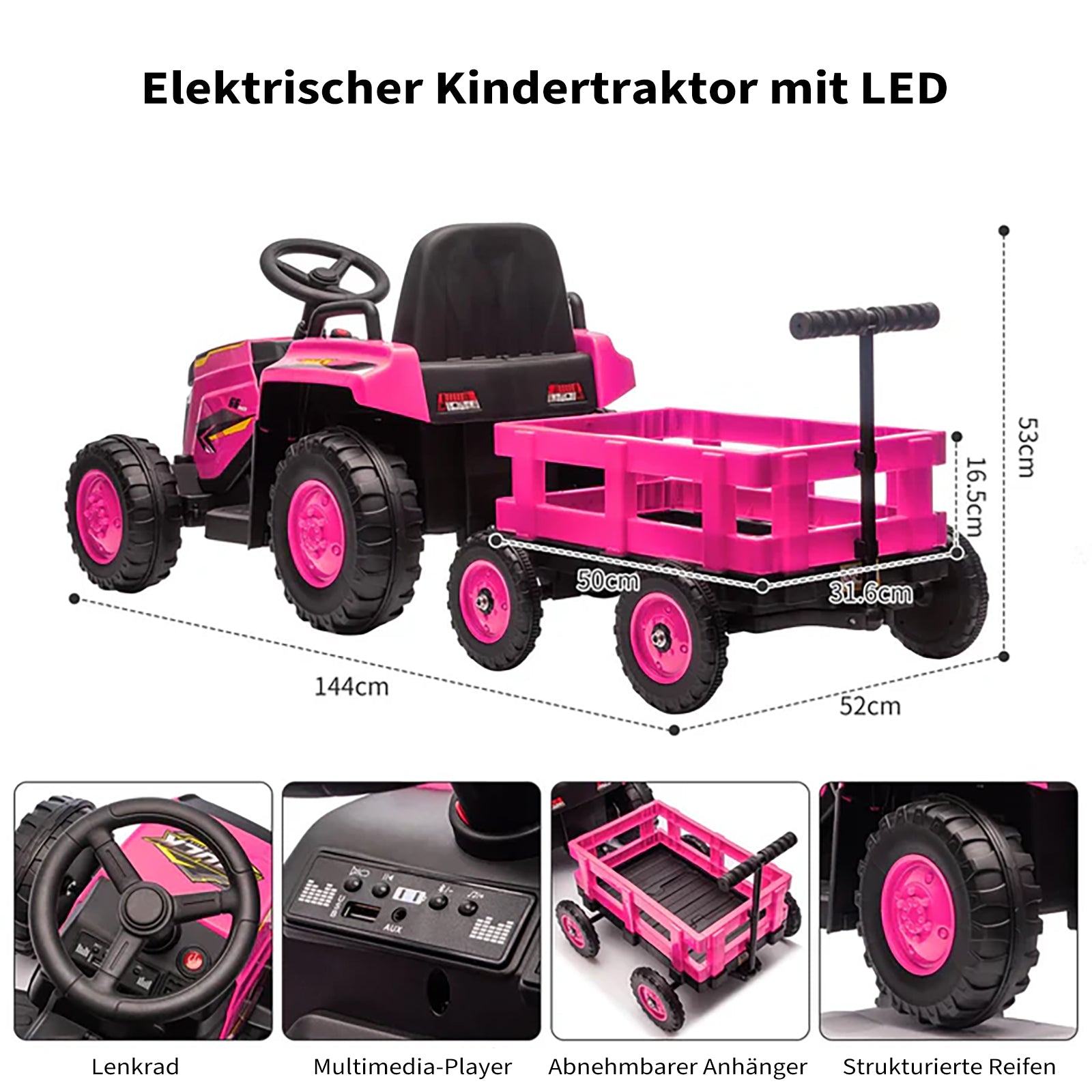 Garvee 12V Kindertraktor mit Doppelmotor in Pink - Kinder Elektroauto für Mädchen ab 3-8 Jahren