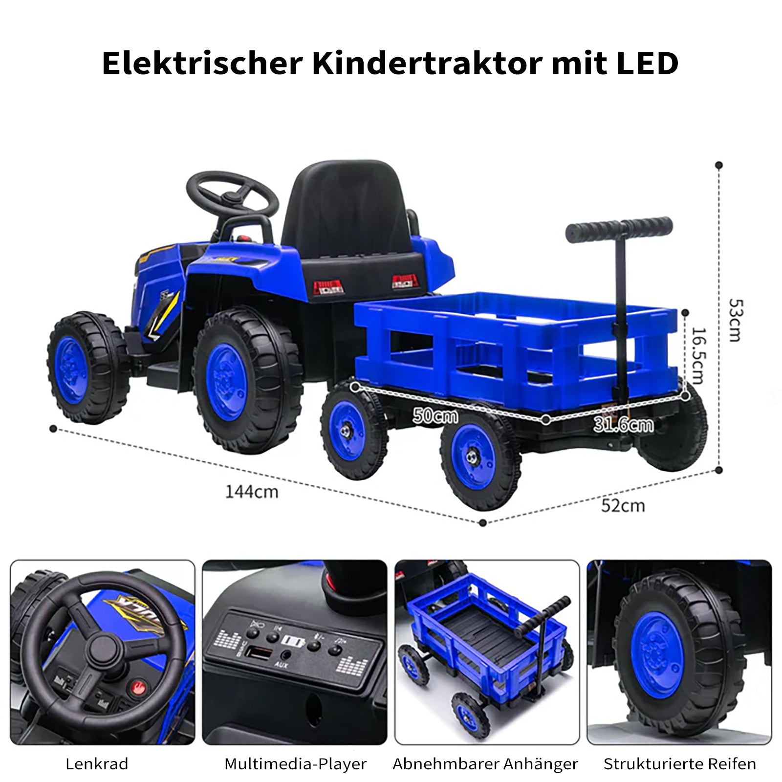 Garvee 12V Kindertraktor mit Doppelmotor in Blau - Kinder Elektrofahrzeug für kleine Bauern ab 3-8 Jahren