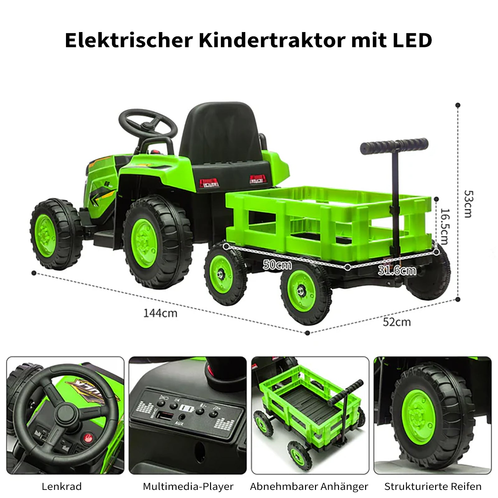 Garvee 12V Kindertraktor mit Doppelmotor in Grün - Robuster Elektrotraktor für Kinder ab 3-8 Jahren