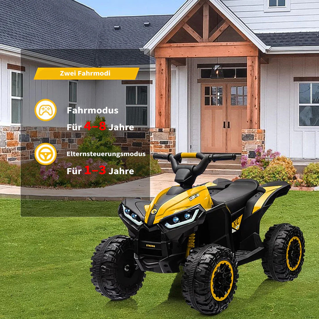 Garvee 12V Kinder-Quad, elektrisches ATV für Kinder mit Musikfunktion, Hupe und LED-Scheinwerfern, 83 × 53 × 56 cm, für Kinder von 3 bis 8 Jahren, Gelb