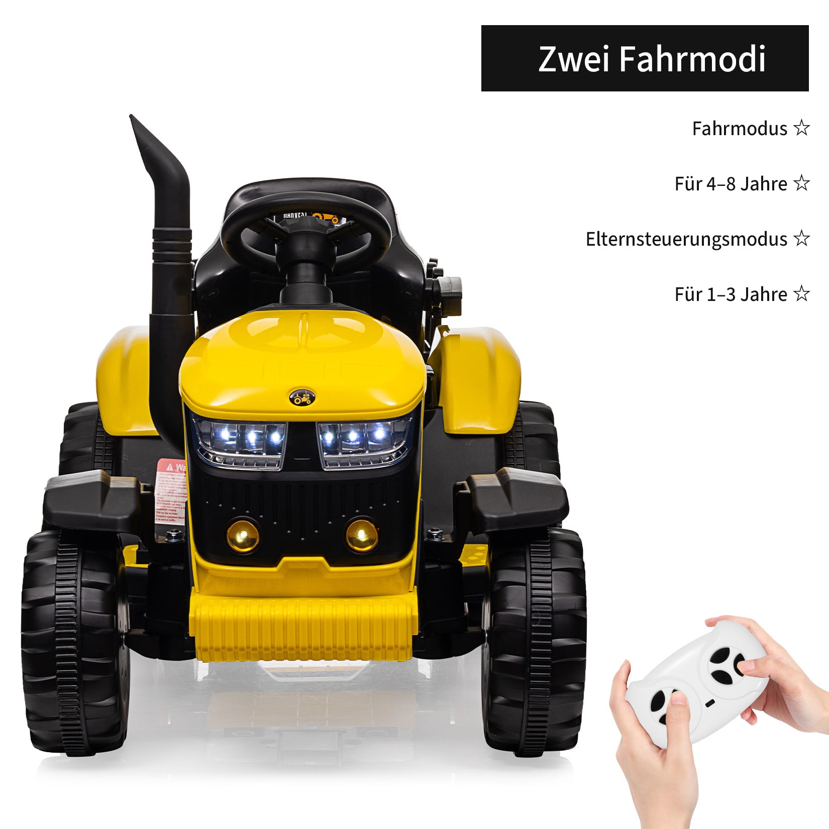 Garvee Gelb Elektrotraktor für Kinder 3-8 Jahre, 12V Battery, Mit Fernsteuerung & Anhänger