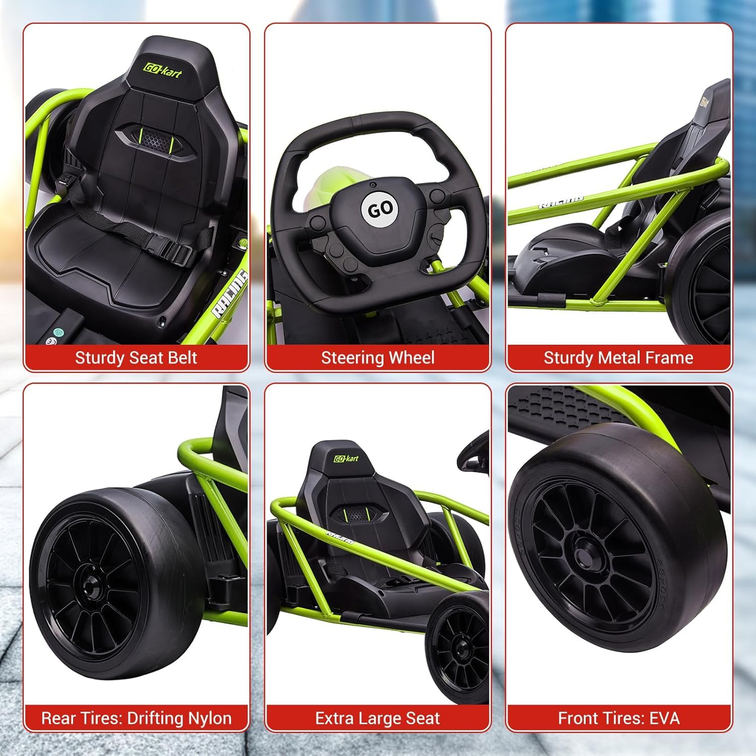 Garvee 24V Gokart – 2×300W Motoren, Elektro-Go-Kart für Kinder 8–12, 110×77×54 cm Grün