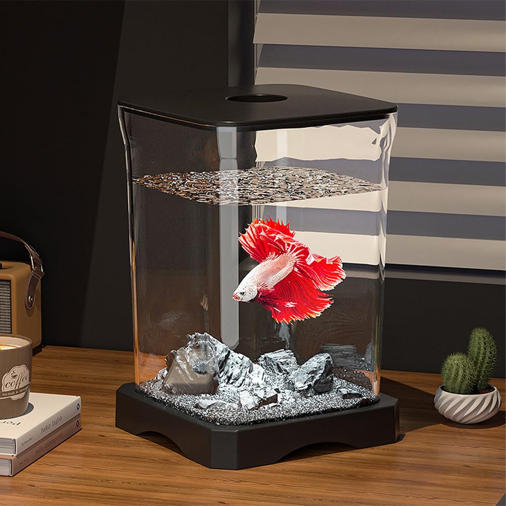 Garvee 7,6 L Aquarium-Komplettset für Kampffische, Glas-Aquarium mit Filter, kompaktes Betta-Fischbecken als Deko-Aquarium für Zuhause & Büro, Schwarz