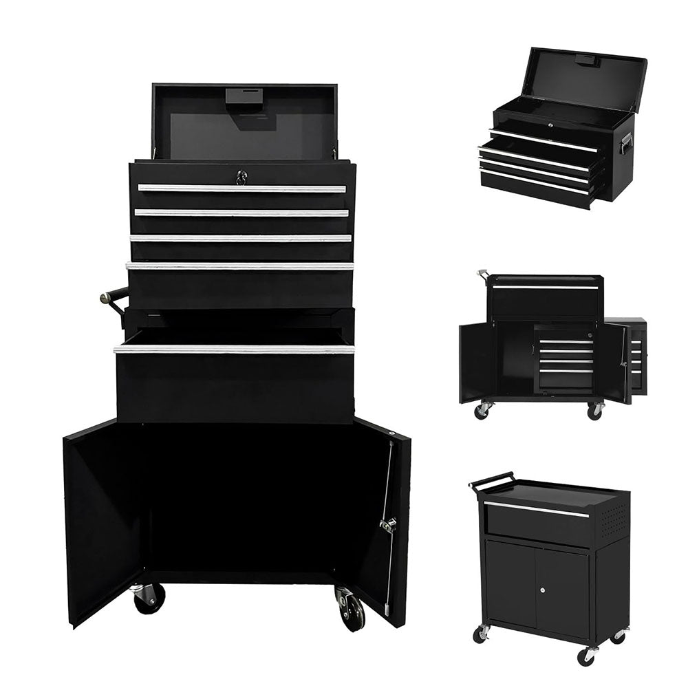 GARVEE Werkstattwagen 2-in-1 Mit 5 Schubladen & Werkzeugschrank, Klappbar, Kaltgewalzter Stahl, Schloss, Rollen Für Profi Werkstatt, 21.85"D x 12.4"W x 26.57"H, Schwarz