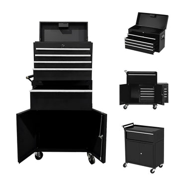 GARVEE Werkstattwagen 2-in-1 Mit 5 Schubladen & Werkzeugschrank, Klappbar, Kaltgewalzter Stahl, Schloss, Rollen Für Profi Werkstatt, 21.85"D x 12.4"W x 26.57"H, Schwarz