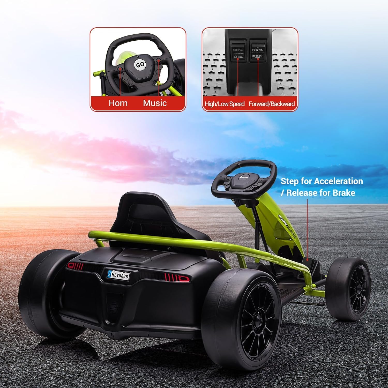Garvee 24V Gokart – 2×300W Motoren, Elektro-Go-Kart für Kinder 8–12, 110×77×54 cm Grün