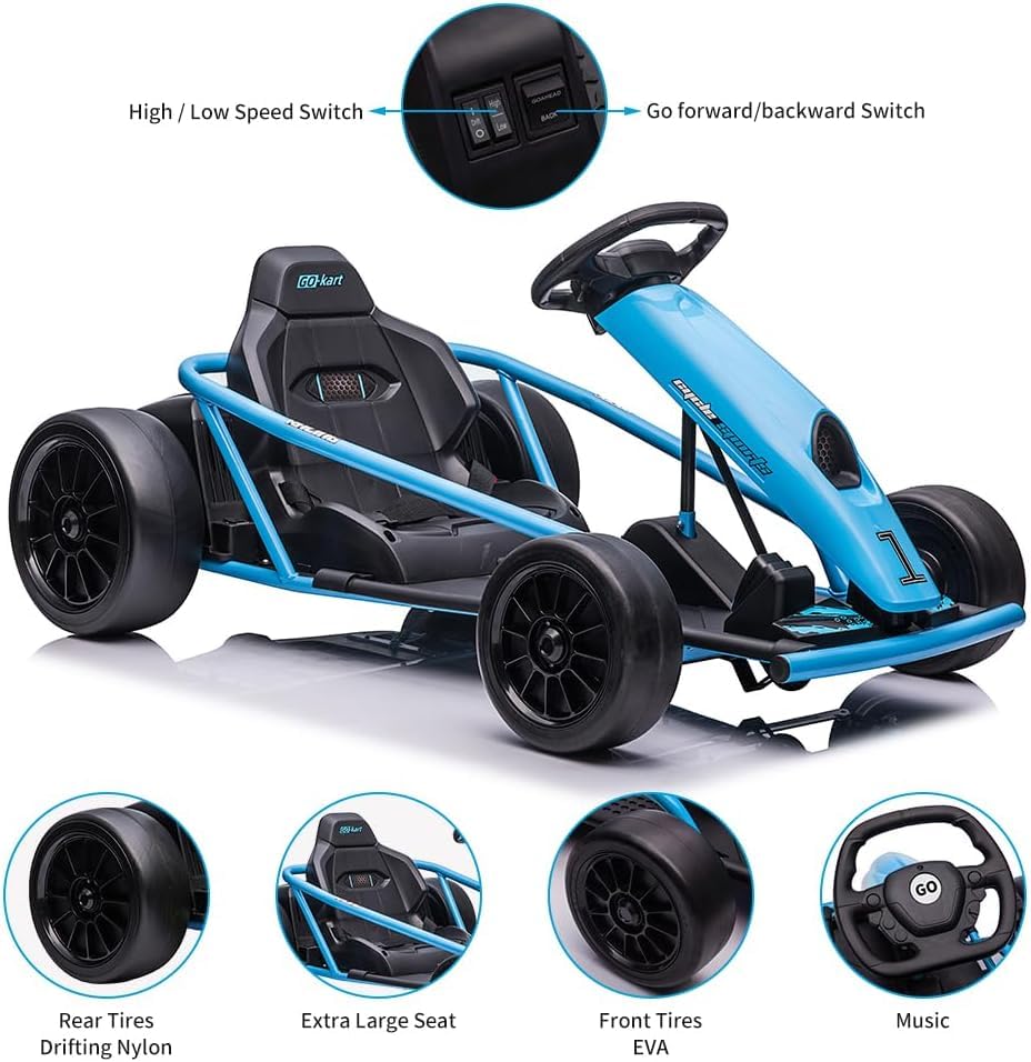 Garvee 24V Gokart – 2×300W Motoren, Elektro-Go-Kart für Kinder 8–12, 110×77×54 cm Blau