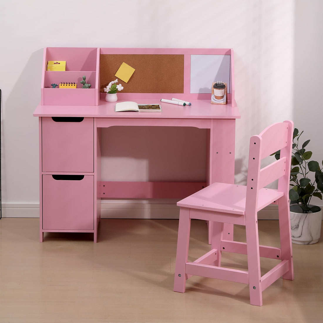 GARVEE Kinderschreibtisch mit Stuhl, Holz Schreibtisch-Set mit Stauraumfach, Ergonomisch und Stabil, Ideal zum Lernen, Lesen, Malen und Schreiben, Rosa