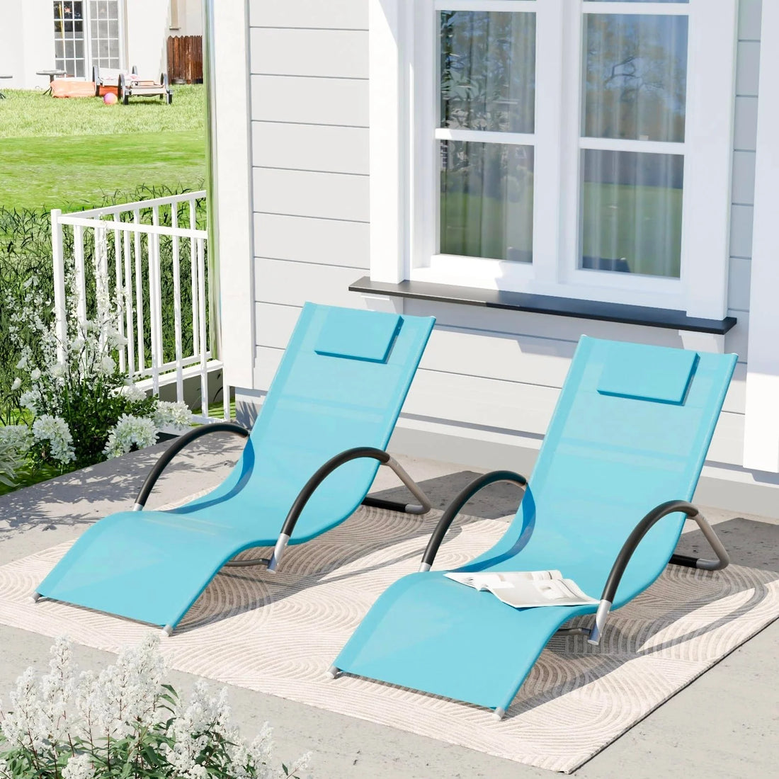 Garvee Sonnenliegen Set 2 Teilig, Textilene, Metallrahmen, 160×62×65 cm, Für Pool & Terrasse, Blau