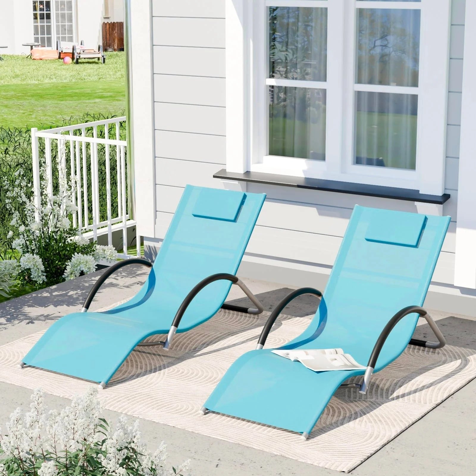 Garvee Sonnenliegen Set 2 Teilig, Textilene, Metallrahmen, 160×62×65 cm, Für Pool & Terrasse, Blau