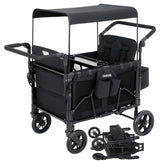 Garvee KW-4 4-Sitzer Kinder Bollerwagen faltbar, 5-Punkt-Gurt, PU-Räder mit Bremsen, Stahlrahmen, Snackablage, abnehmbares Dach – Familienausflug, Camping