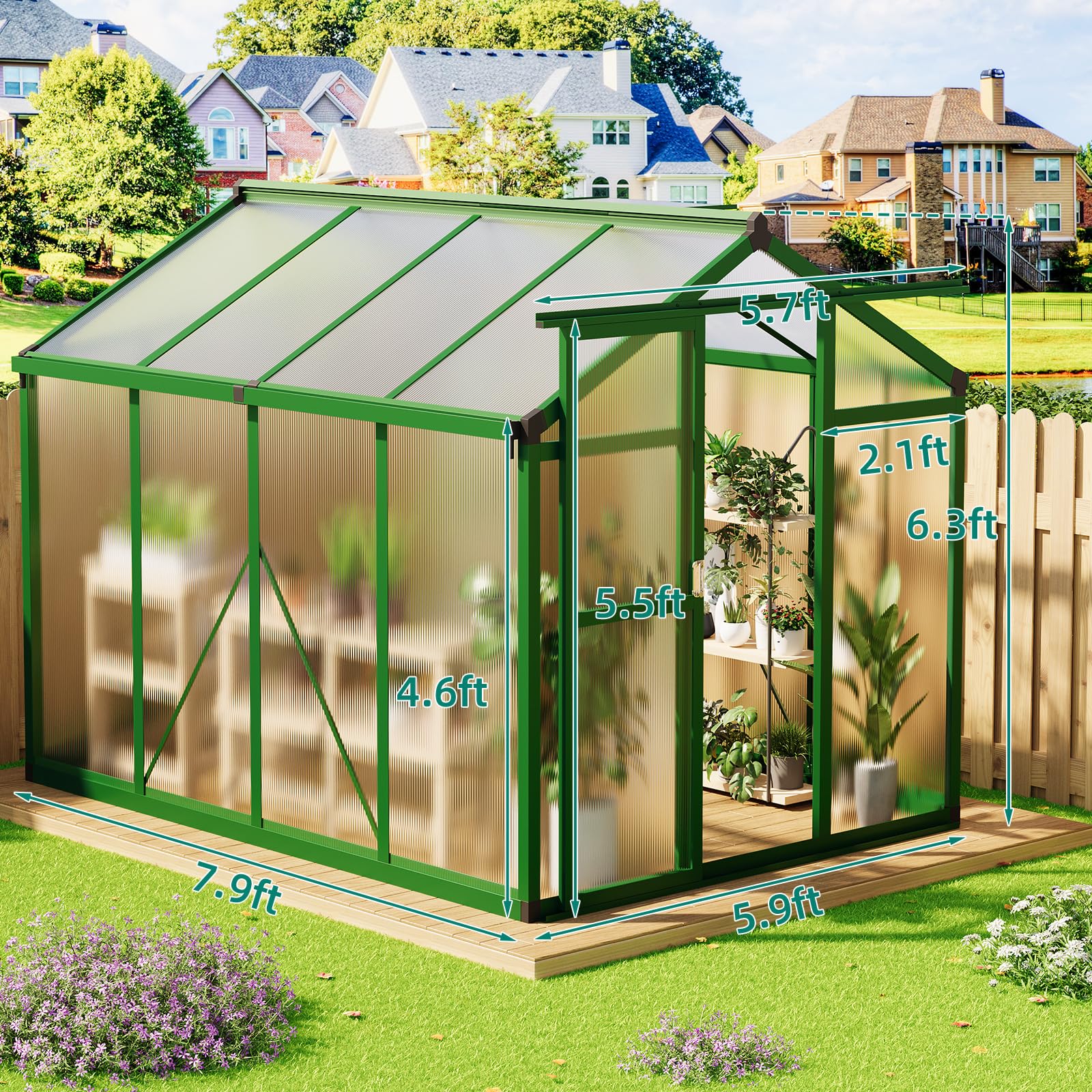 Garvee Gewächshaus 2.4 x 1.8 x 1.9 m, Aluminium, Polycarbonat, Dachbelüftung, UV-Schutz, Einfache Montage