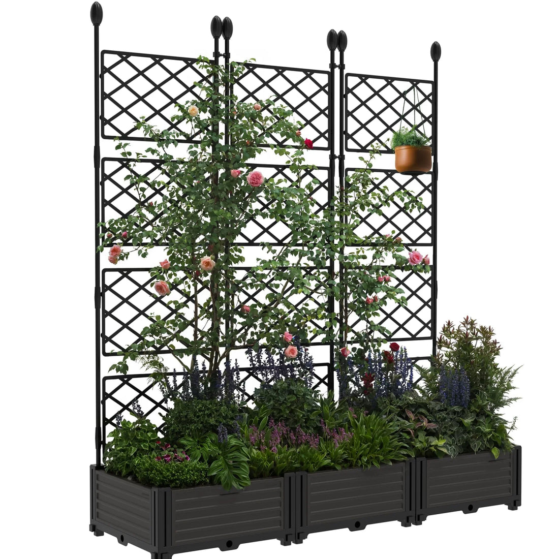 Garvee Hochbeet 3-Teilig Mit Rankgitter, Kunststoff, Windfest, Für Balkon & Garten, 124×160 cm, Schwarz
