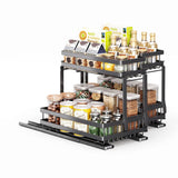 Garvee Ausziehbares Schrankregal 37–70 × 22 × 33 cm, 2-stufiger Küchenorganizer aus Carbonstahl mit Dämpfungsschienen für Küche, Bad und Vorratskammer - Schwarz