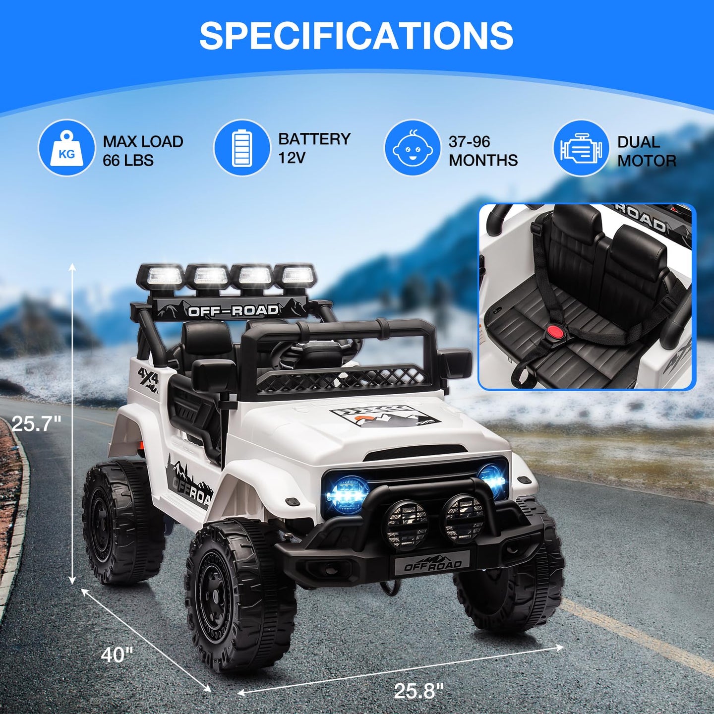 GARVEE Weiß Kinder-Elektroauto 12 V mit Fernbedienung und 2 Sitzen