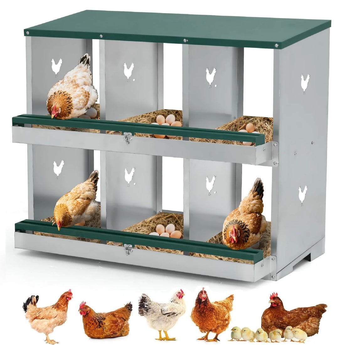 Garvee Hühner Nistkasten Metall 6 Fächer, Rostfrei, Belüftet, Einfache Montage, Für Hühnerstall