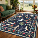 Garvee Wohnzimmerteppich Katzen & Blumenmotiv, Kurzflor, Maschinenwaschbar, Perlenvelours, Anti-Rutsch, Familienfreundlich, Blau, 200x290 cm