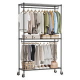 Garvee Doppel-Kleiderständer Schwarz 110 x 40 x 190 cm, Kleiderständer auf Rollen mit 2 Kleiderstangen, 3 Gitterablagen und 2 Bremsrollen für Schlafzimmer und Ankleide