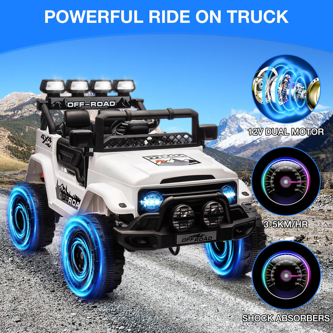 Garvee Weiß Kinder Elektroauto Geländewagen 12V mit Fernbedienung, 2-Sitzer, 5 km/h, Musik & LED-Lichter, 3-5 Jahre
