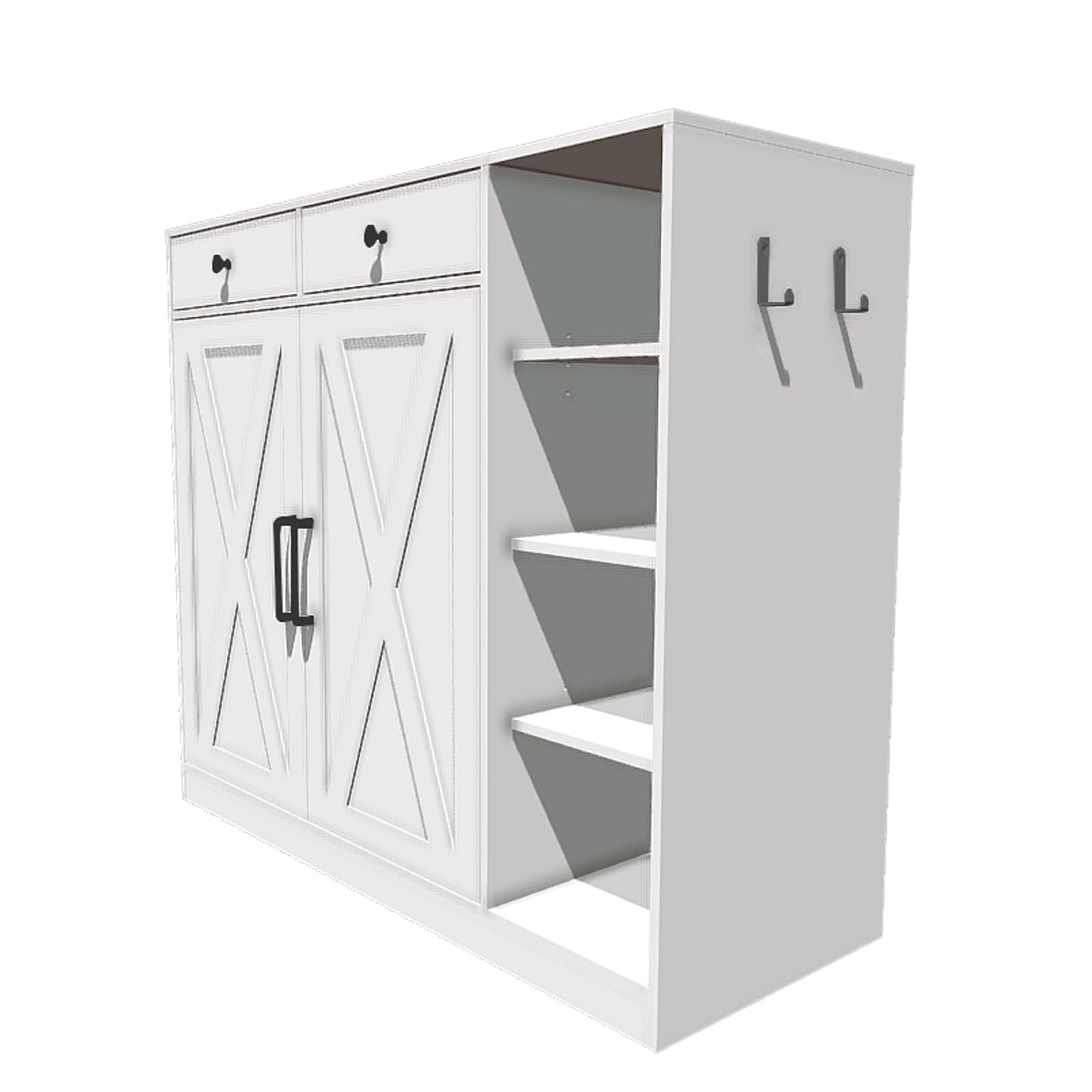 Garvee Farmhouse Schuhschrank Mit 2 Scheunentüren & 2 Schubladen, 7-Stufig, Verstellbare Regale, Holz, Weiß, Stabil Für Flur Und Eingangsbereich