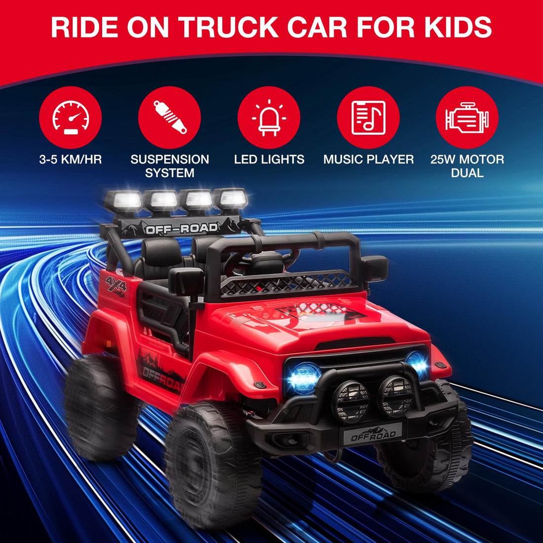 Garvee Rot Kinder Elektroauto Geländewagen 12V mit Fernbedienung, 2-Sitzer, 5 km/h, Musik & LED-Lichter, 3-5 Jahre