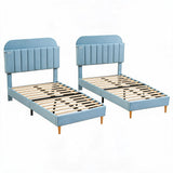 Garvee 2er-Set Twin Polsterbettgestelle mit Bücherregal-Kopfteil samtbezogen stabiler Stahlrahmen geräuscharm Stauraum Kinder- und Jugendzimmer Blau Creme