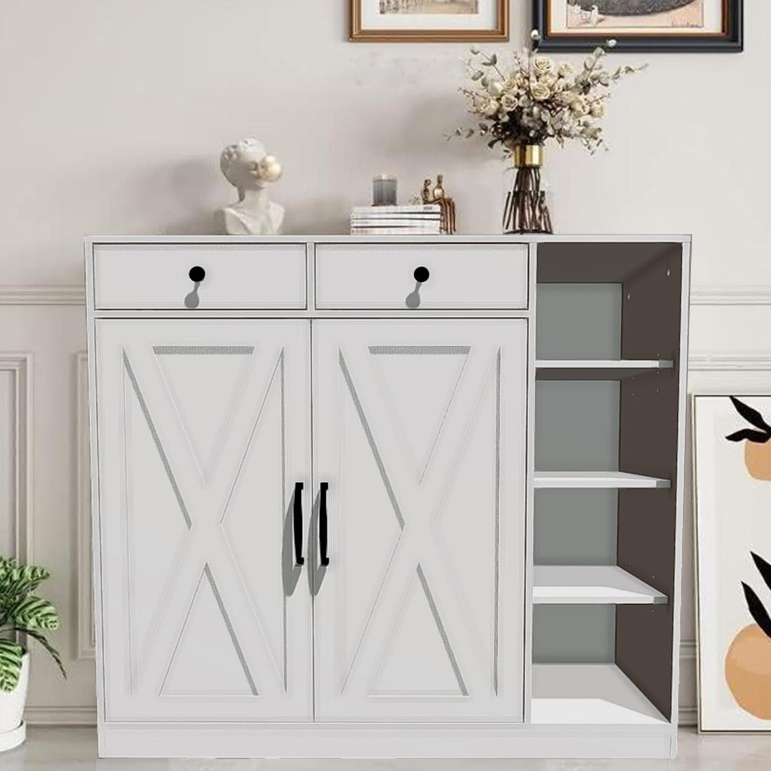 Garvee Farmhouse Schuhschrank Mit 2 Scheunentüren & 2 Schubladen, 7-Stufig, Verstellbare Regale, Holz, Weiß, Stabil Für Flur Und Eingangsbereich