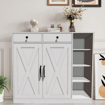 Garvee Farmhouse Schuhschrank Mit 2 Scheunentüren & 2 Schubladen, 7-Stufig, Verstellbare Regale, Holz, Weiß, Stabil Für Flur Und Eingangsbereich