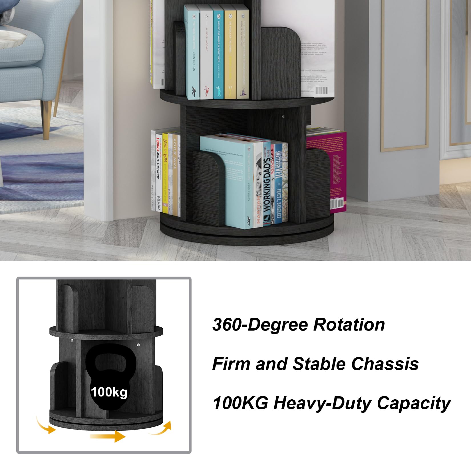 Garvee Drehbares Bücherregal 360°, 4 Ebenen, Holz & Stahl, 40×40×130 cm, Schwarz