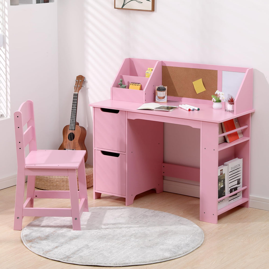 GARVEE Kinderschreibtisch mit Stuhl, Holz Schreibtisch-Set mit Stauraumfach, Ergonomisch und Stabil, Ideal zum Lernen, Lesen, Malen und Schreiben, Rosa