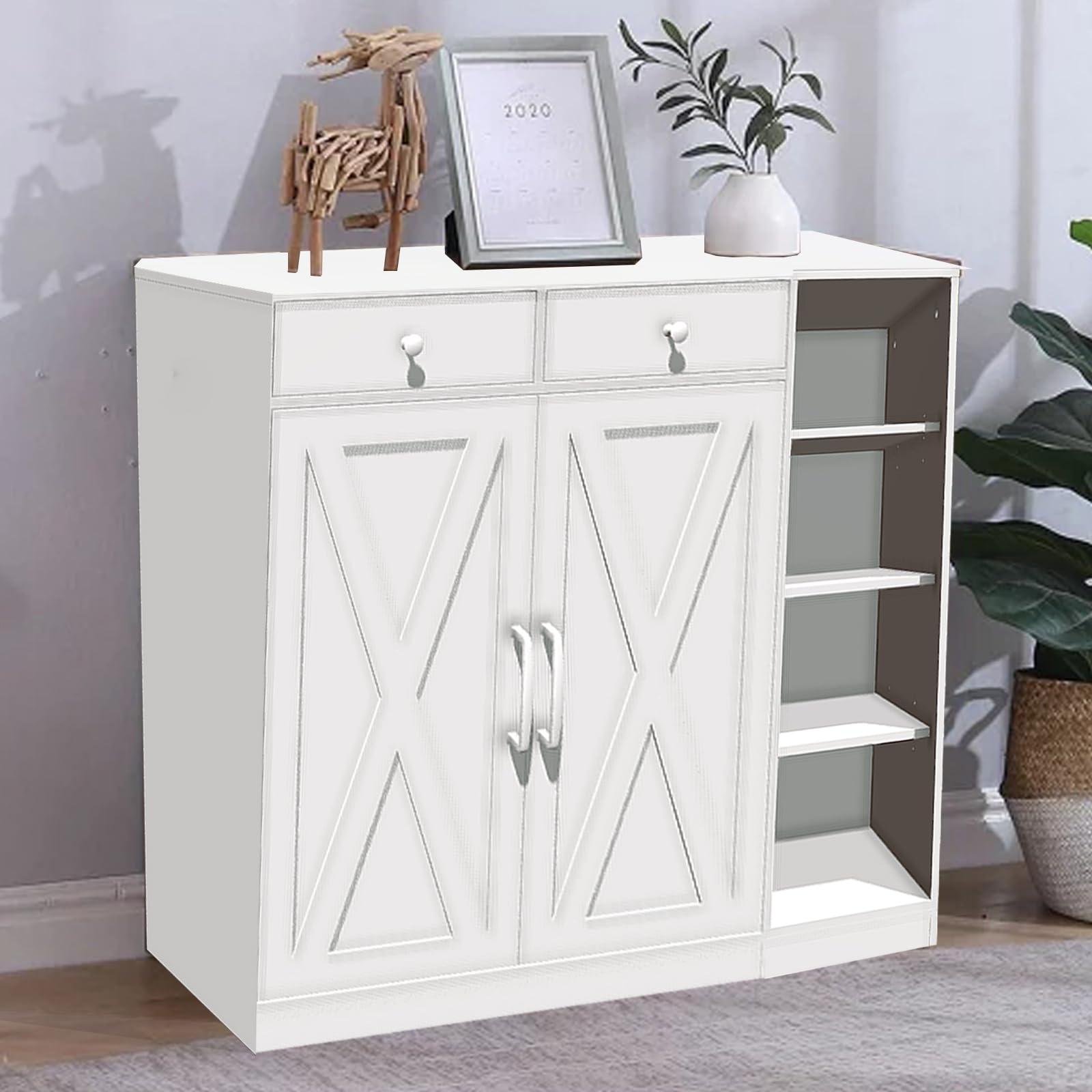 Garvee Farmhouse Schuhschrank Mit 2 Scheunentüren & 2 Schubladen, 7-Stufig, Verstellbare Regale, Holz, Weiß, Stabil Für Flur Und Eingangsbereich