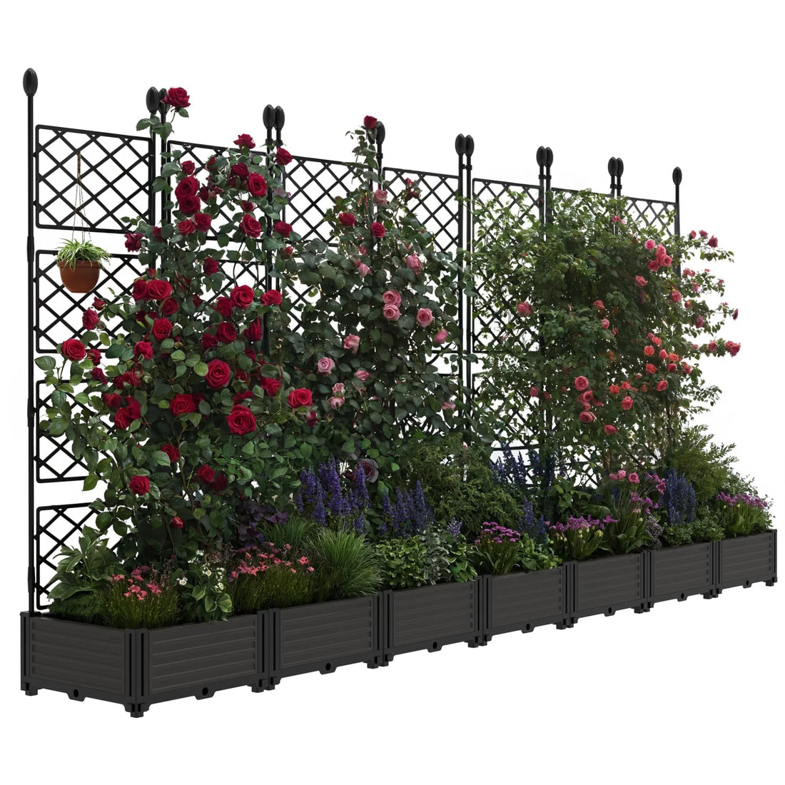 Garvee Hochbeet 7-Teilig Mit Rankgitter, Kunststoff, Windfest, Für Balkon & Garten, 290×160 cm, Schwarz