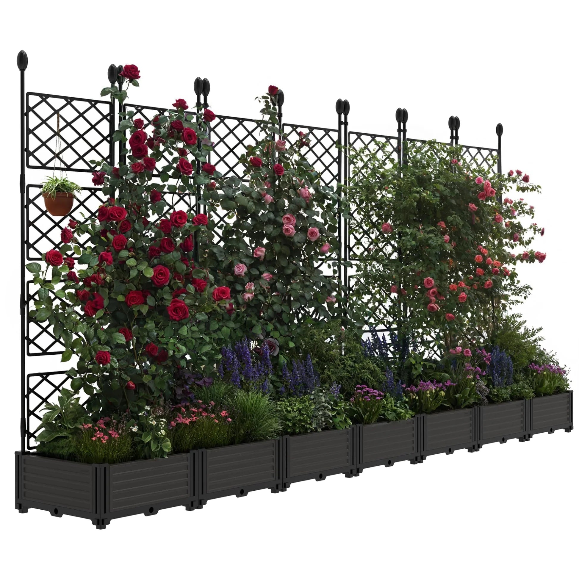 Garvee Hochbeet 7-Teilig Mit Rankgitter, Kunststoff, Windfest, Für Balkon & Garten, 290×160 cm, Schwarz