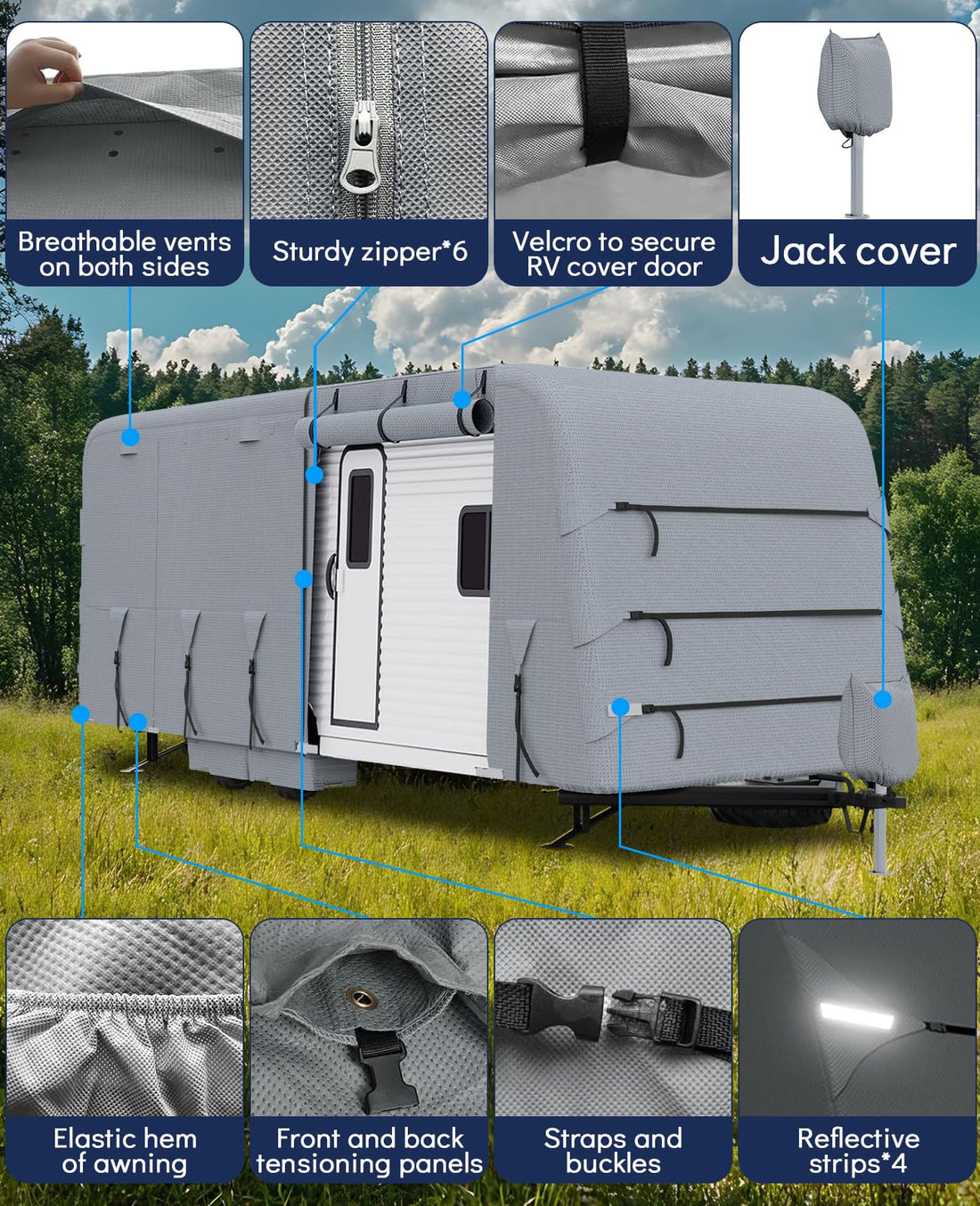 Garvee Wohnmobil-Abdeckung für 20-6,7 m Wohnwagen, Extra Dicke Wasserfeste Rip-Stop-Schicht, Grau, Outdoor-Schutz, Inklusive Reifenabdeckungen & Reparaturflicken
